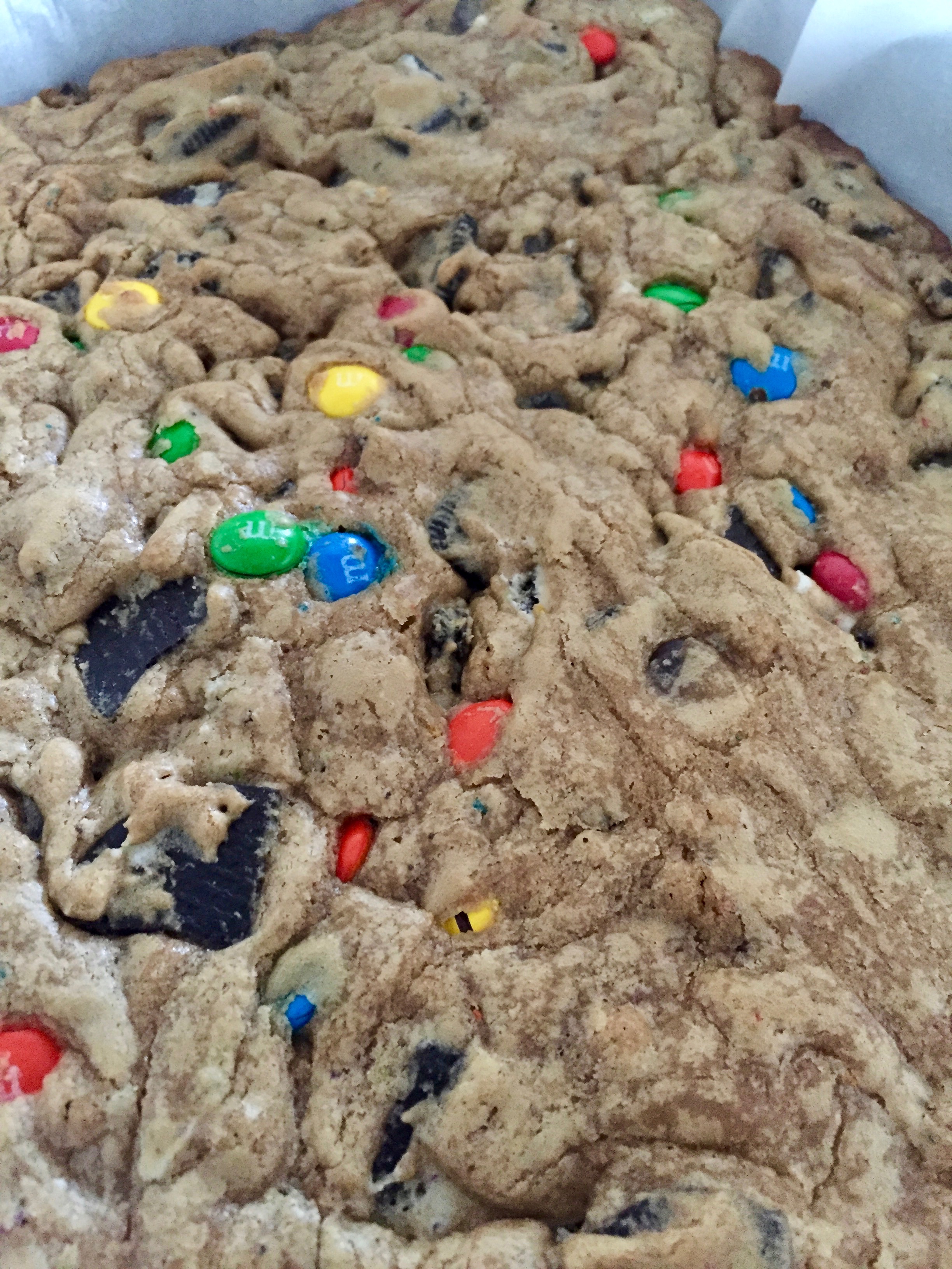 Blondies with crushed Oreos and M&M Candies